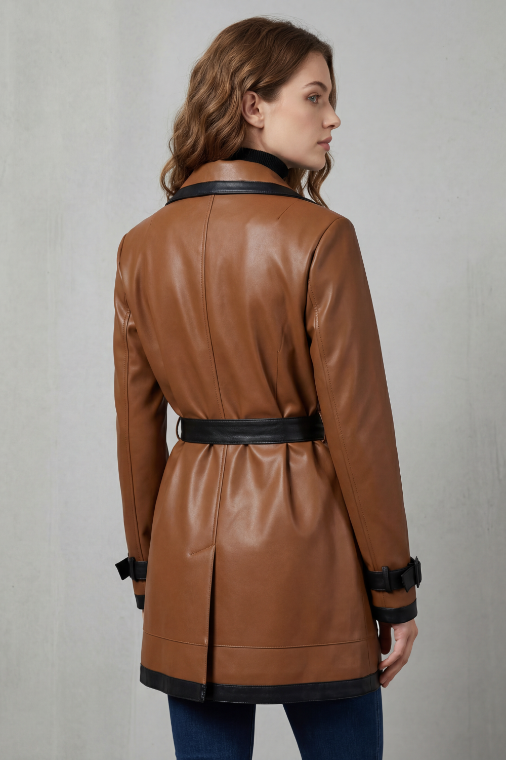 Women's Contrast Trim Wrap Belted Faux Leather Trench Coat