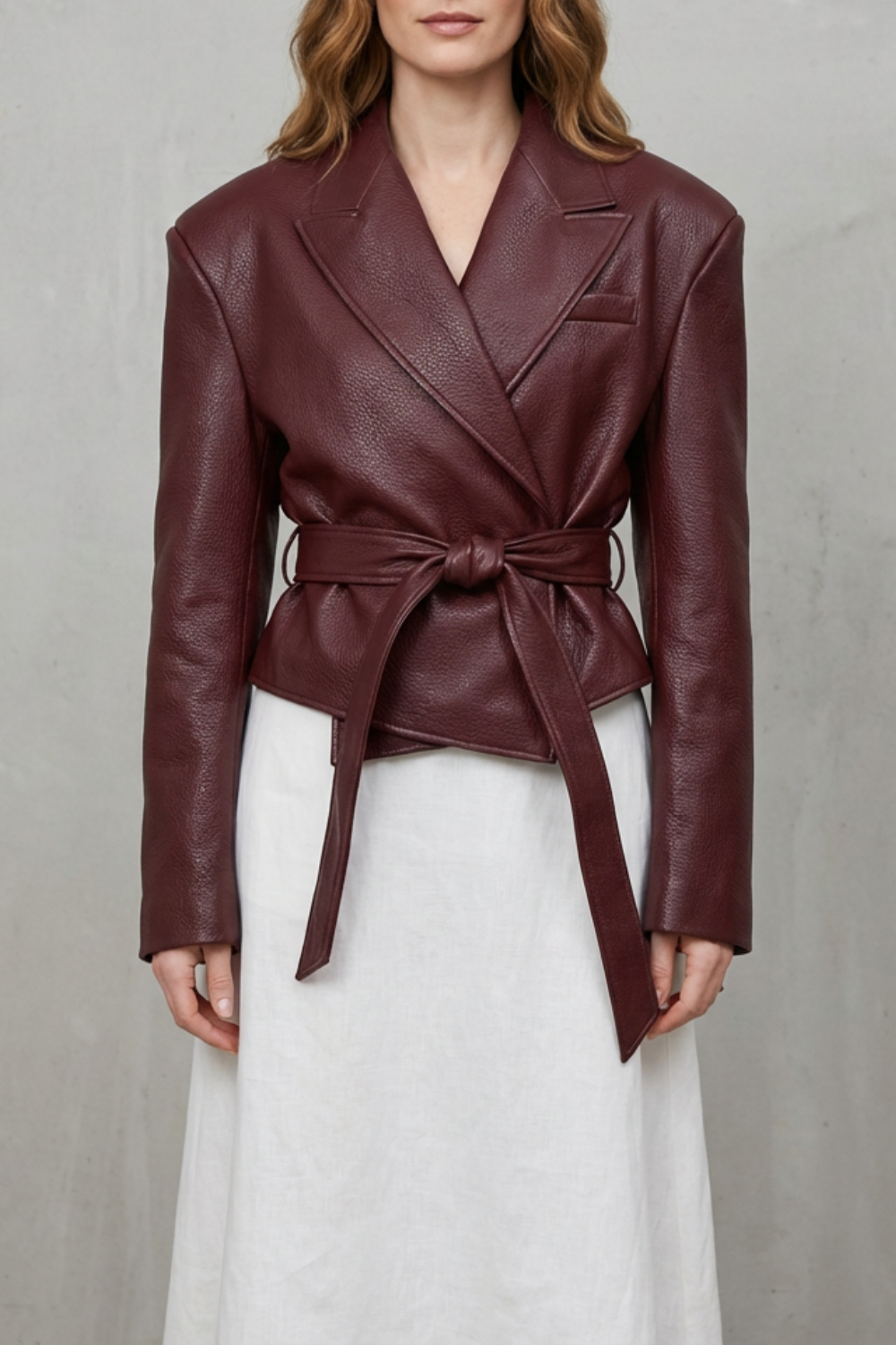 Women's Faux Leather Belted Blazer Sculpted Modern Jacket