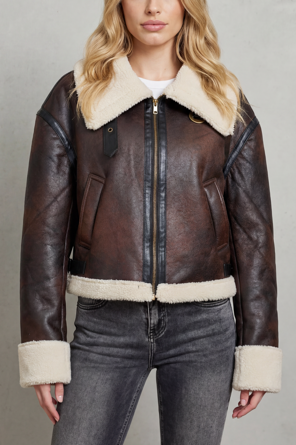 Women's Shearling Trim Cropped Aviator Jacket