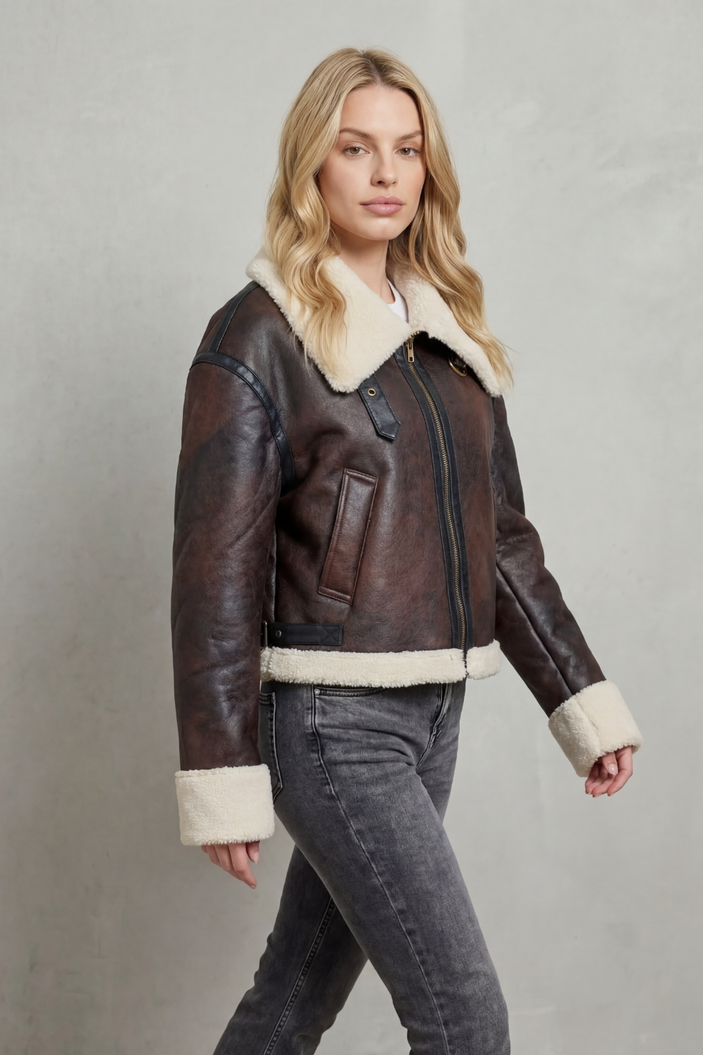 Women's Shearling Trim Cropped Aviator Jacket