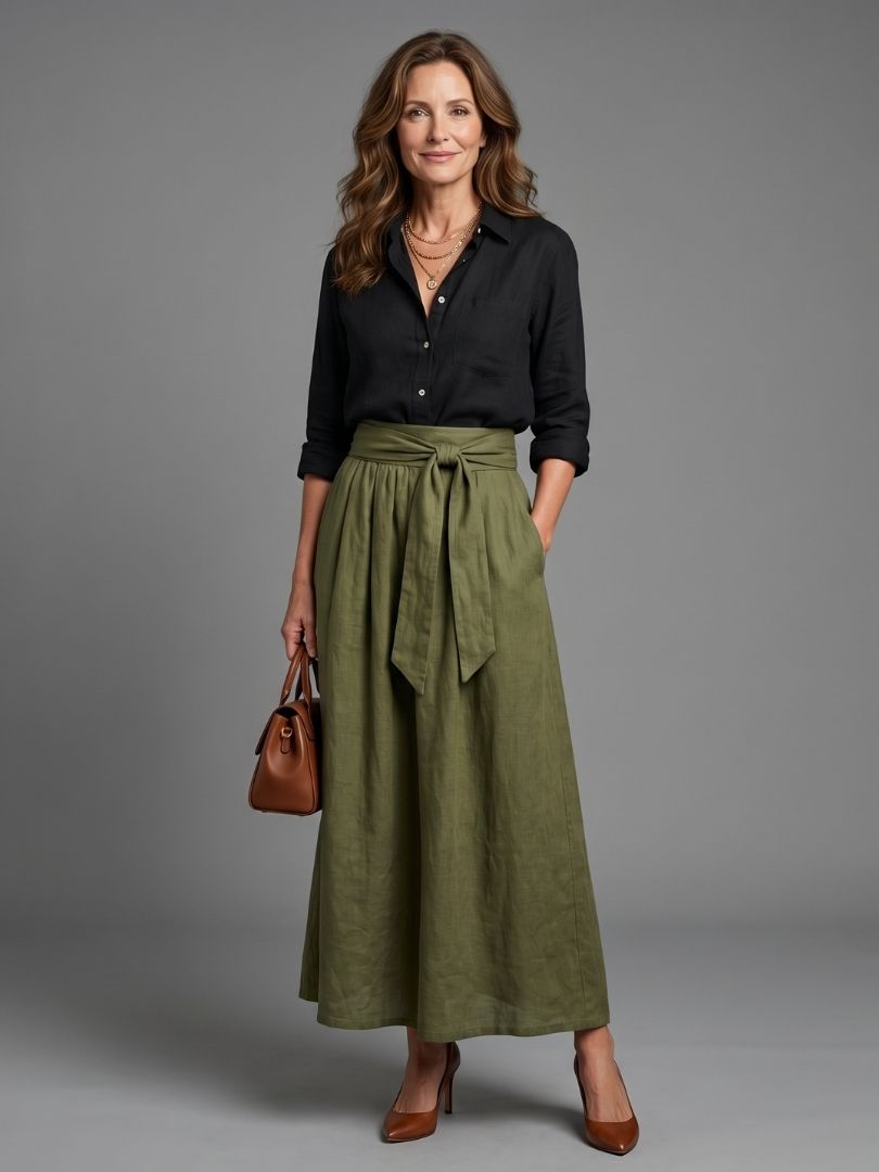 Donata™ | Two Piece Set Black Blouse Olive Green Midi Skirt