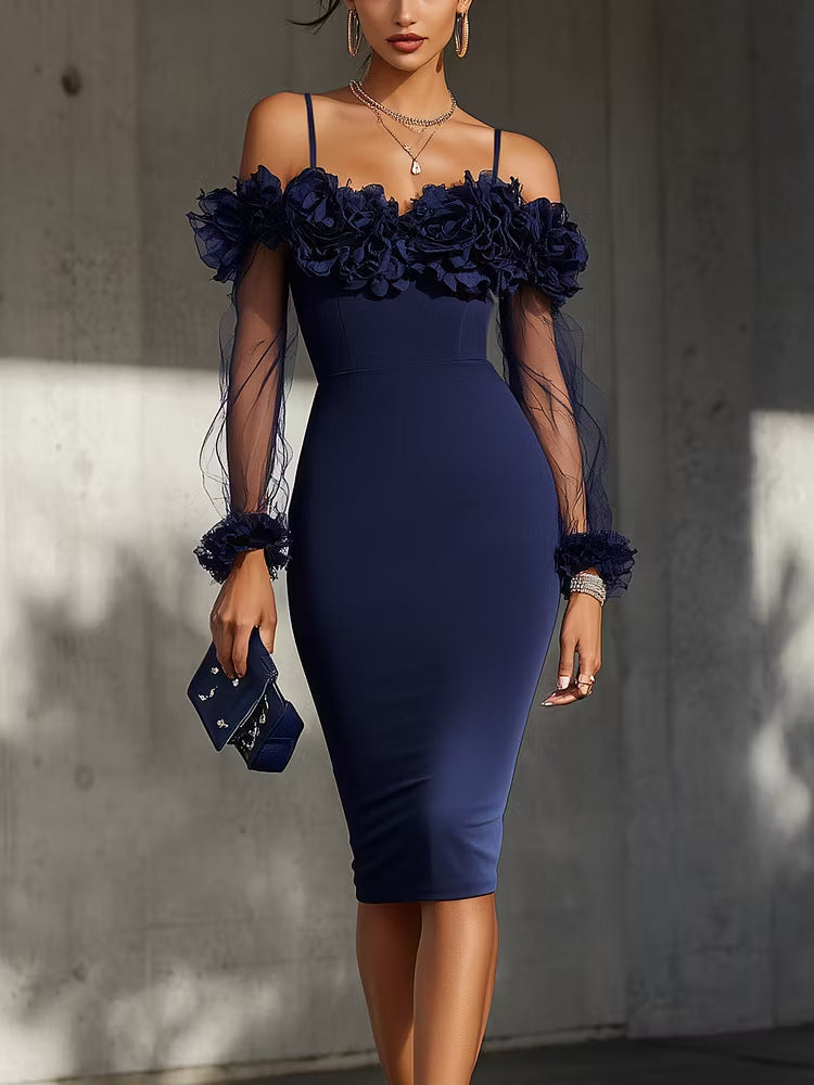 Korvaine™ | Off-Shoulder Bodycon Midi Dress with 3D Floral Detail
