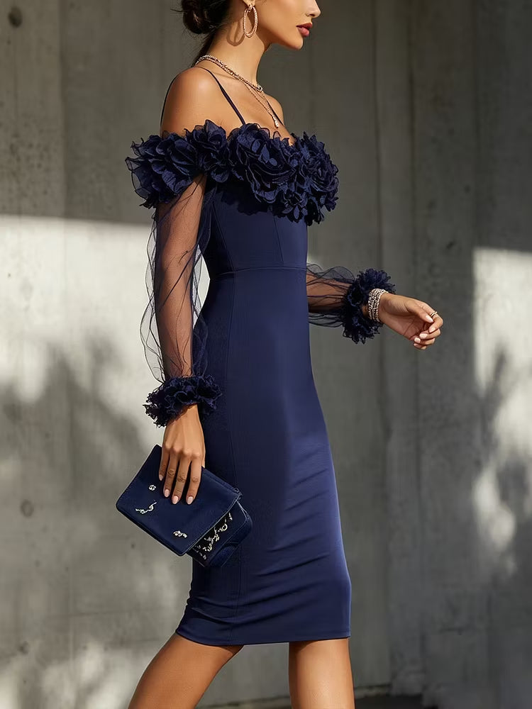 Korvaine™ | Off-Shoulder Bodycon Midi Dress with 3D Floral Detail