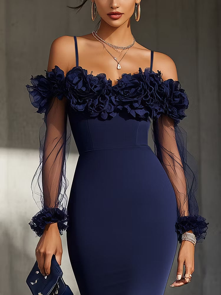 Korvaine™ | Off-Shoulder Bodycon Midi Dress with 3D Floral Detail