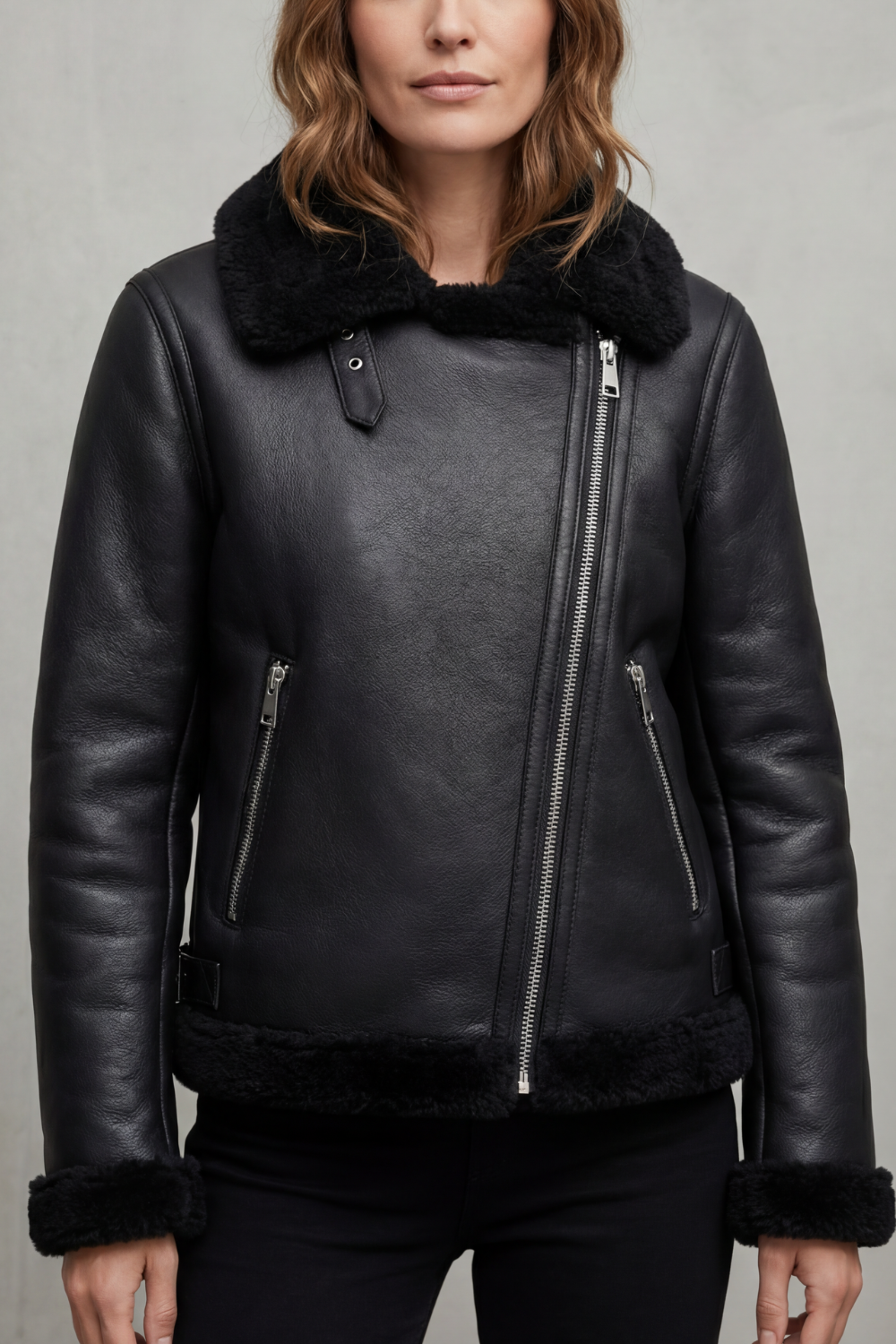Women's Asymmetric Zip Shearling Biker Jacket
