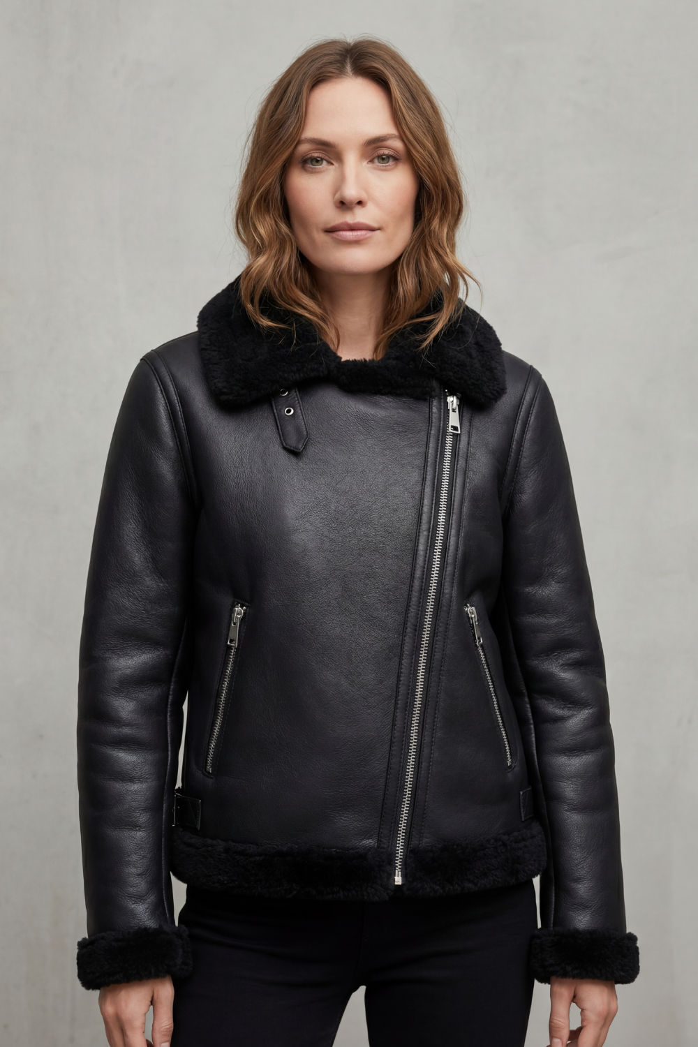 Women's Asymmetric Zip Shearling Biker Jacket