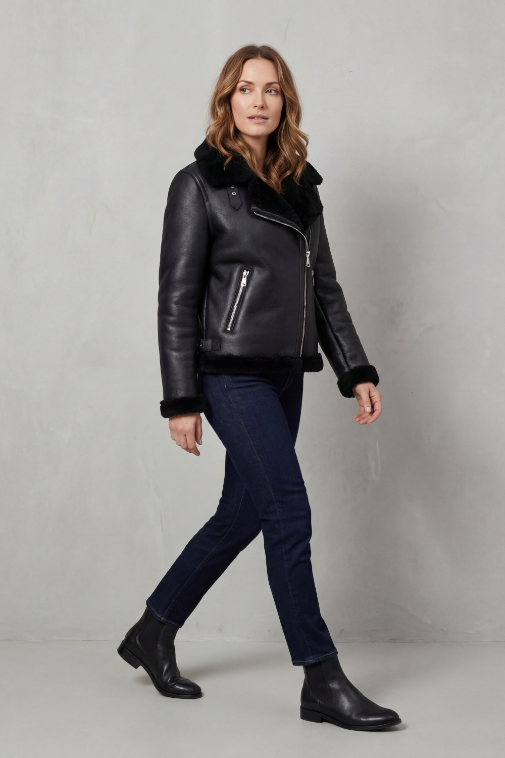 Women's Asymmetric Zip Shearling Biker Jacket