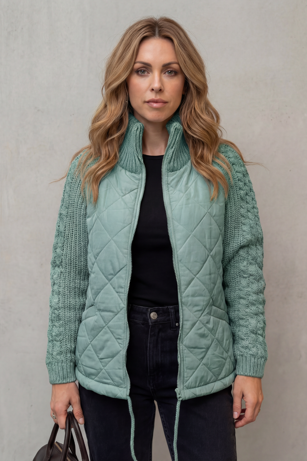 Women's Textured Knit Detail Quilted Puffer Jacket