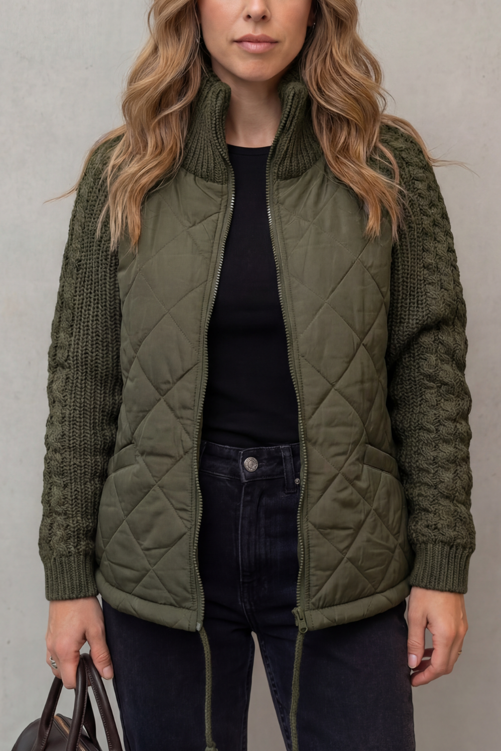 Women's Textured Knit Detail Quilted Puffer Jacket