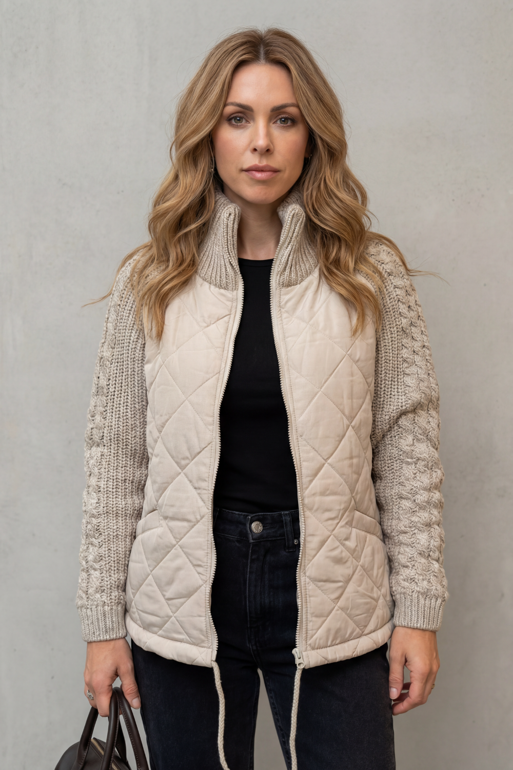 Women's Textured Knit Detail Quilted Puffer Jacket