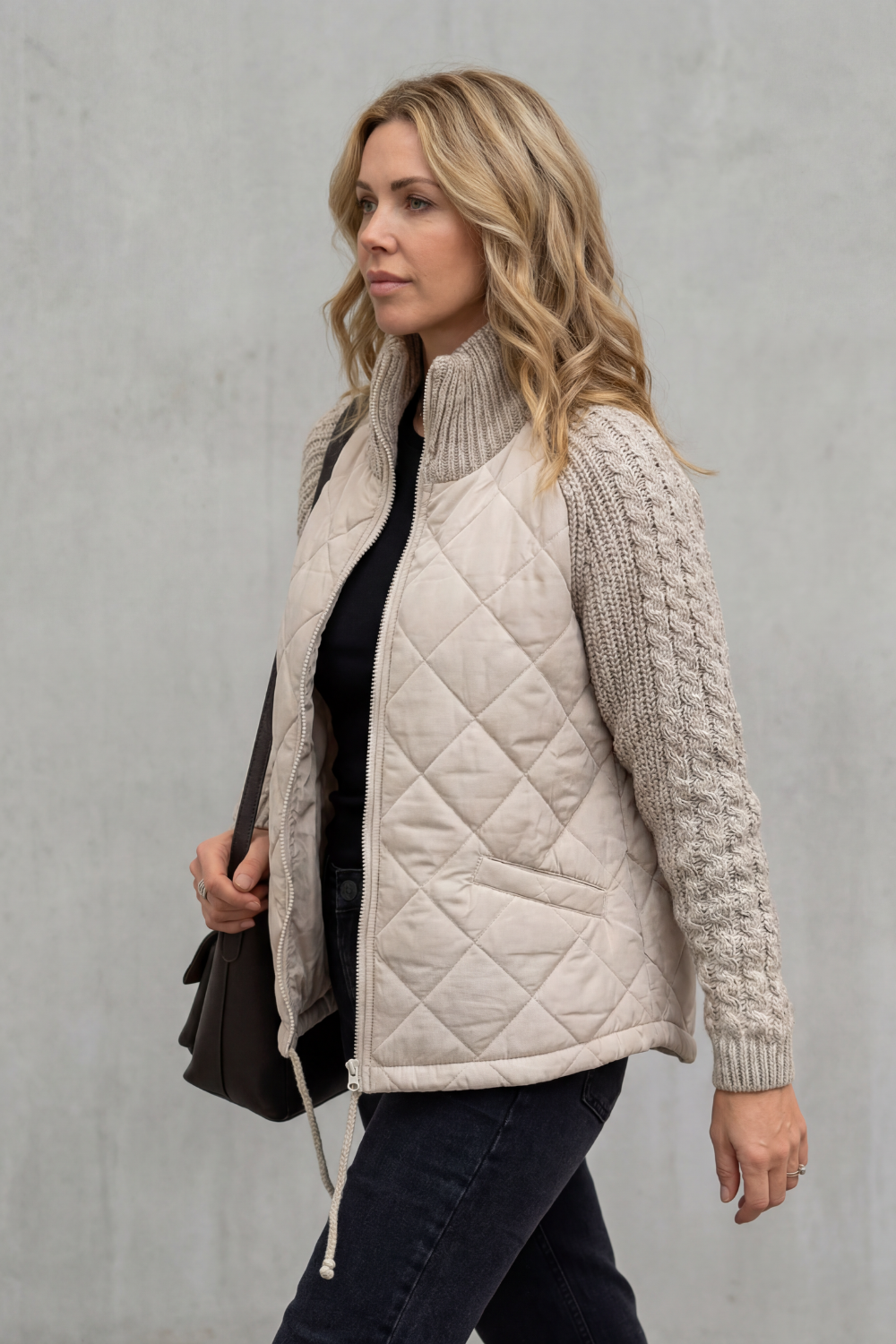 Women's Textured Knit Detail Quilted Puffer Jacket