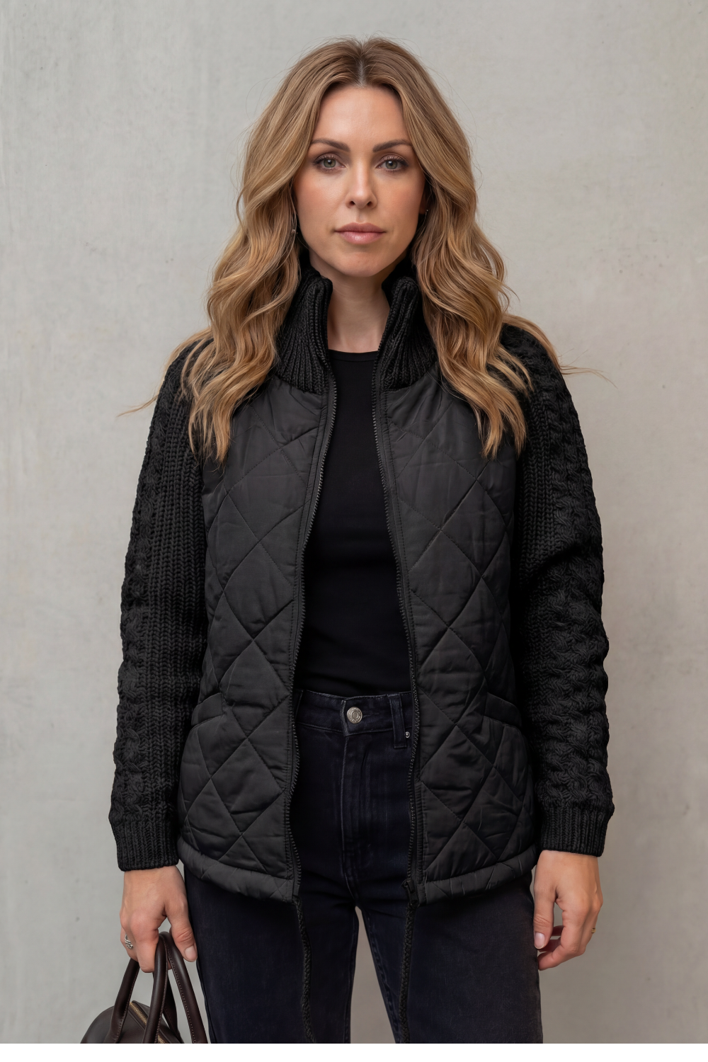 Women's Textured Knit Detail Quilted Puffer Jacket