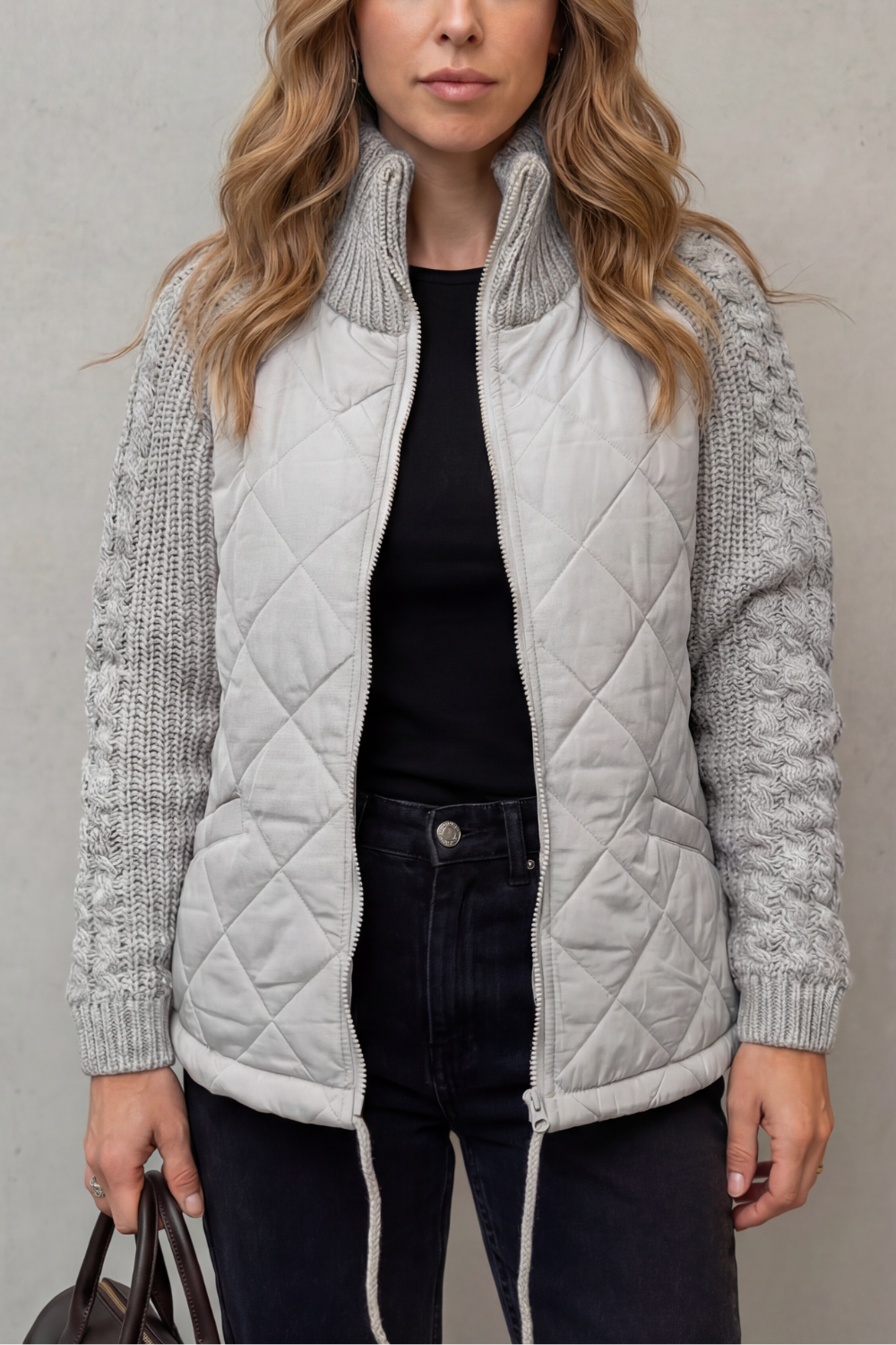 Women's Textured Knit Detail Quilted Puffer Jacket