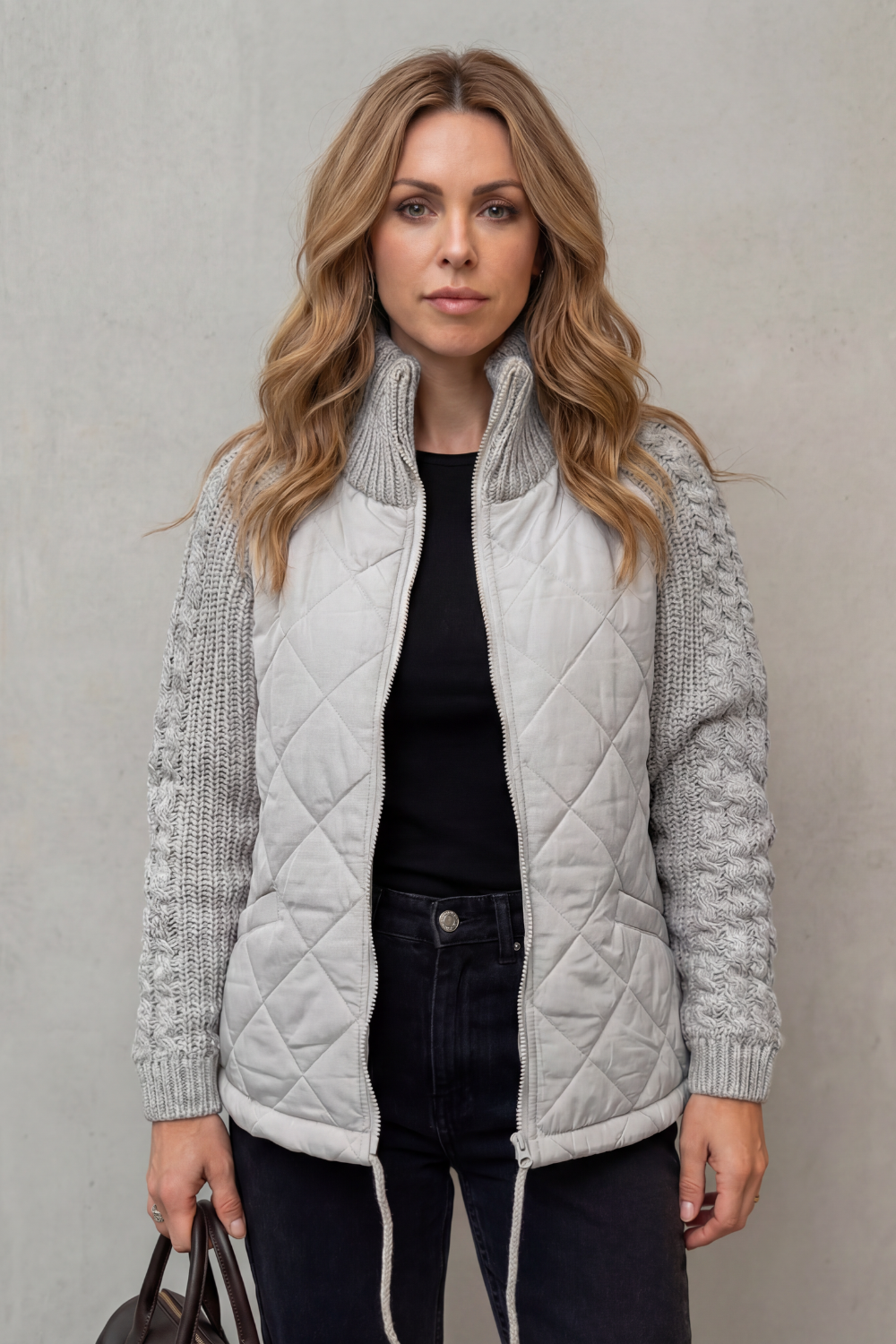 Women's Textured Knit Detail Quilted Puffer Jacket