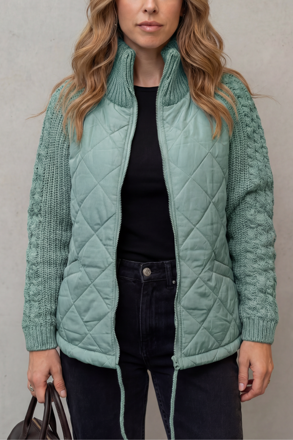 Women's Textured Knit Detail Quilted Puffer Jacket