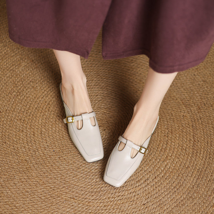 Women's T-Strap Leather Mules