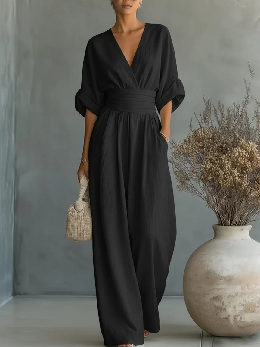 Mirabel™ | V-Neck Wide-Leg Jumpsuit with Wrap Waist and Flowy Sleeves