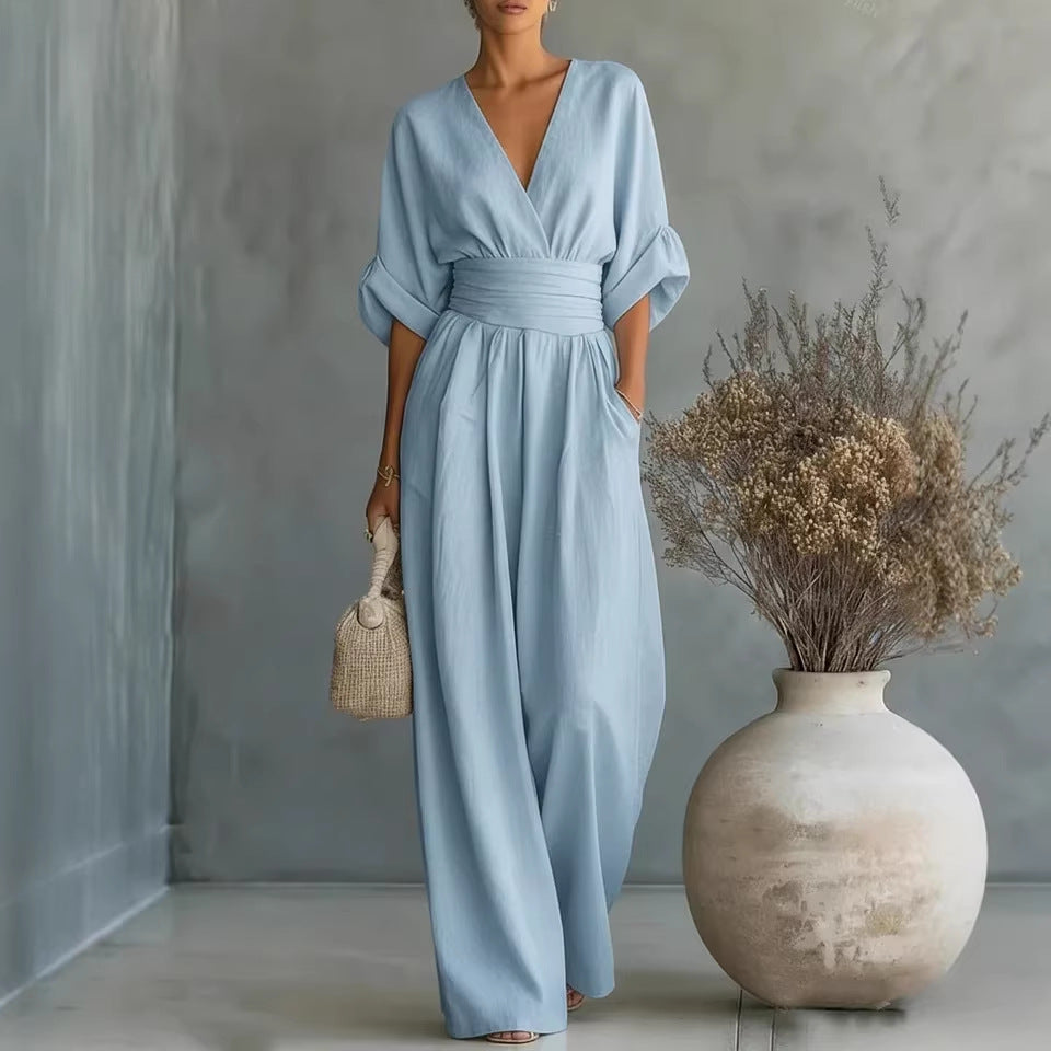 Mirabel™ | V-Neck Wide-Leg Jumpsuit with Wrap Waist and Flowy Sleeves