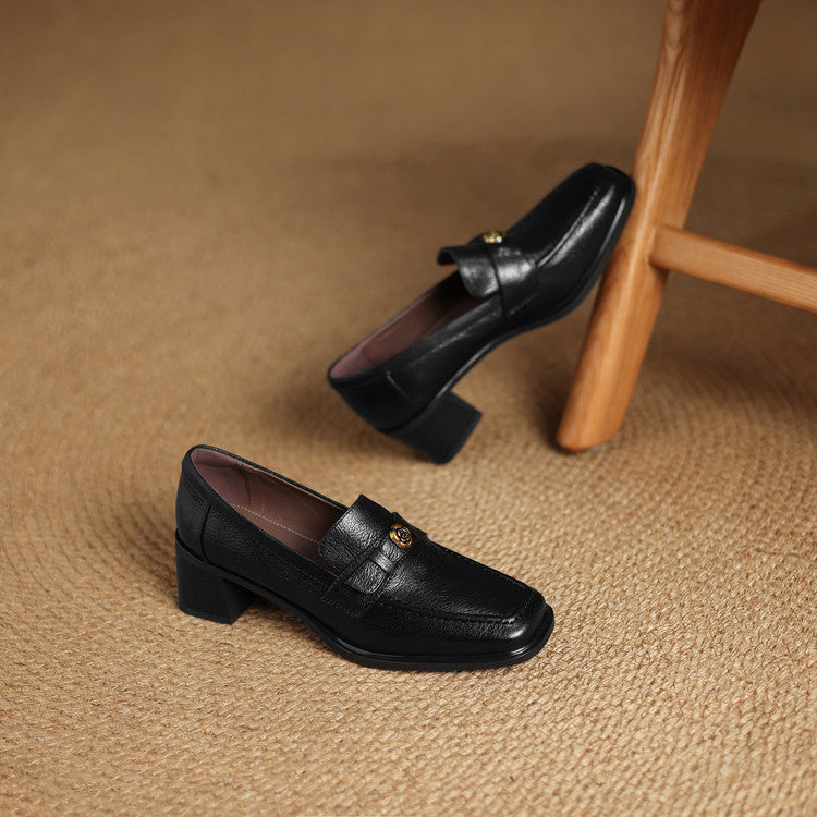 Women's Square-Toe Leather Loafer Pumps