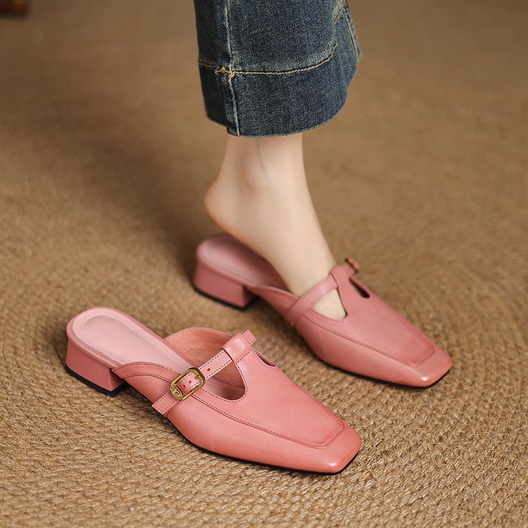 Women's T-Strap Leather Mules