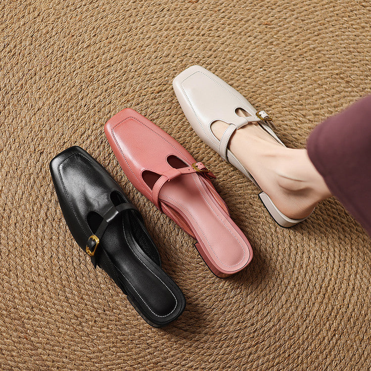 Women's T-Strap Leather Mules