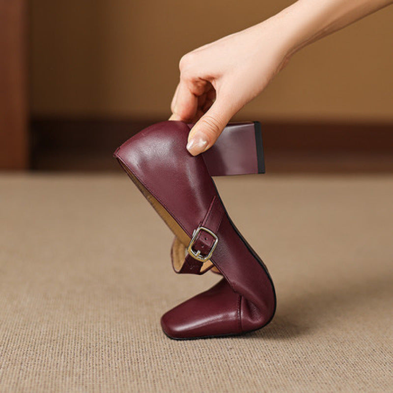 Women's Square-Toe Leather Mary-Jane Heels
