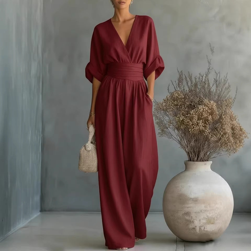 Mirabel™ | V-Neck Wide-Leg Jumpsuit with Wrap Waist and Flowy Sleeves