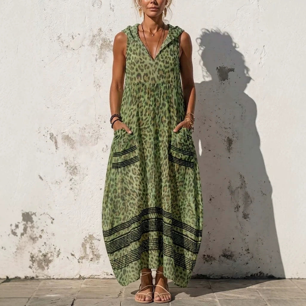 Saffron™ | Leopard-Print Sleeveless Boho Maxi Dress