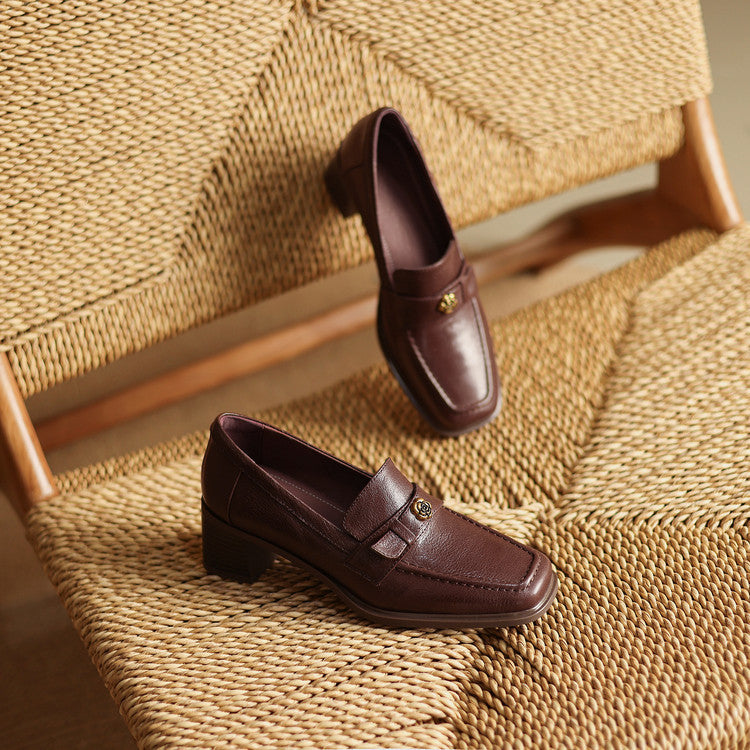 Women's Square-Toe Leather Loafer Pumps