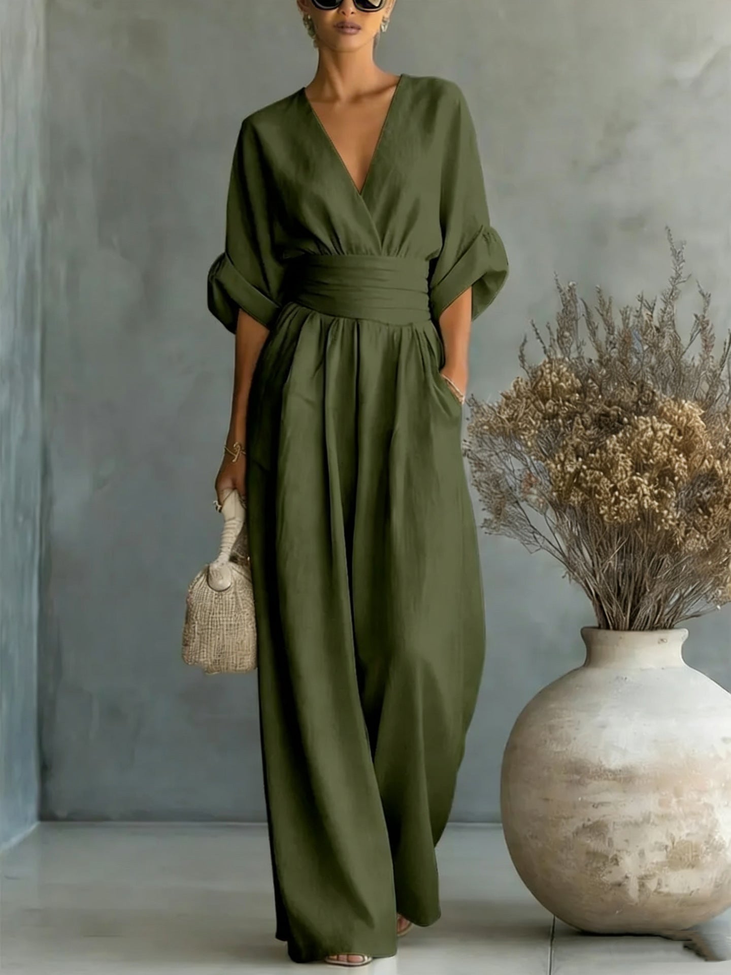 Mirabel™ | V-Neck Wide-Leg Jumpsuit with Wrap Waist and Flowy Sleeves