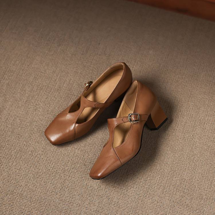Women's Square-Toe Leather Mary-Jane Heels