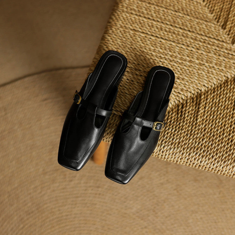 Women's T-Strap Leather Mules