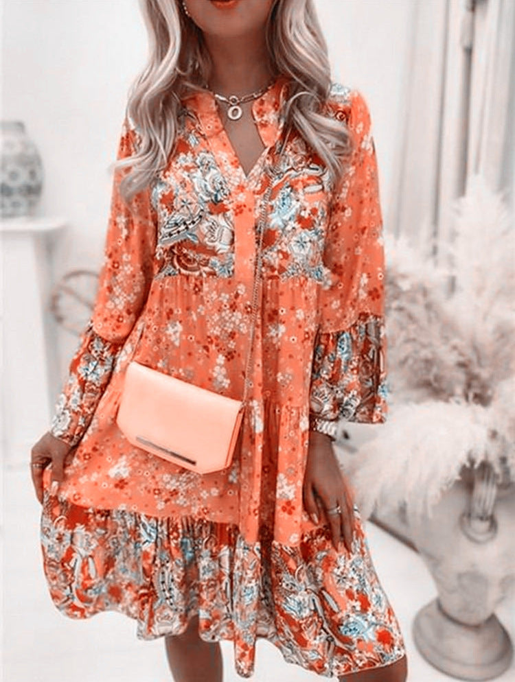 Lavinia™ | Floral Patchwork V-Neck Long Sleeve Above-the-Knee A-Line Dress