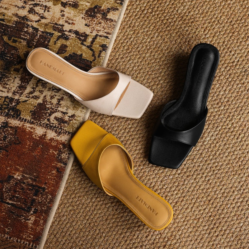 Women's Square-Toe Leather Wedge Mules