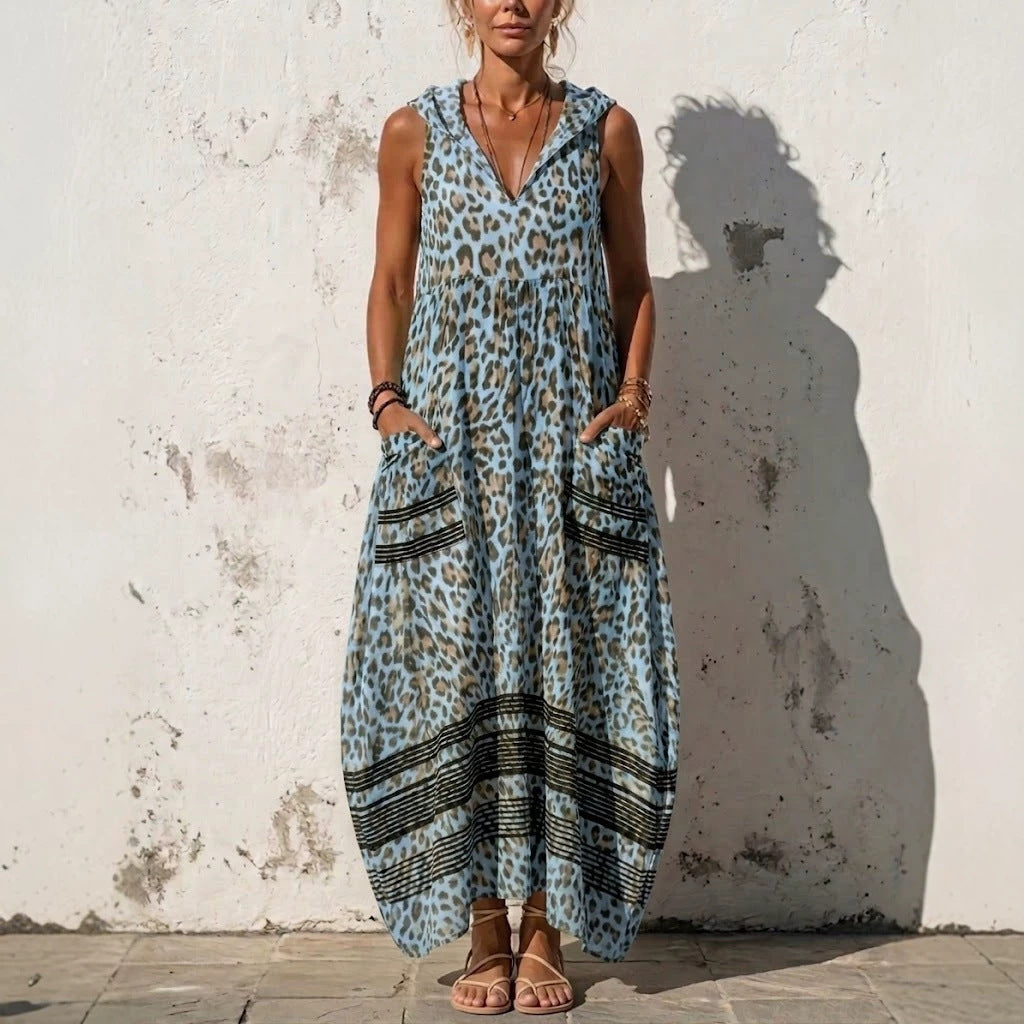 Saffron™ | Leopard-Print Sleeveless Boho Maxi Dress