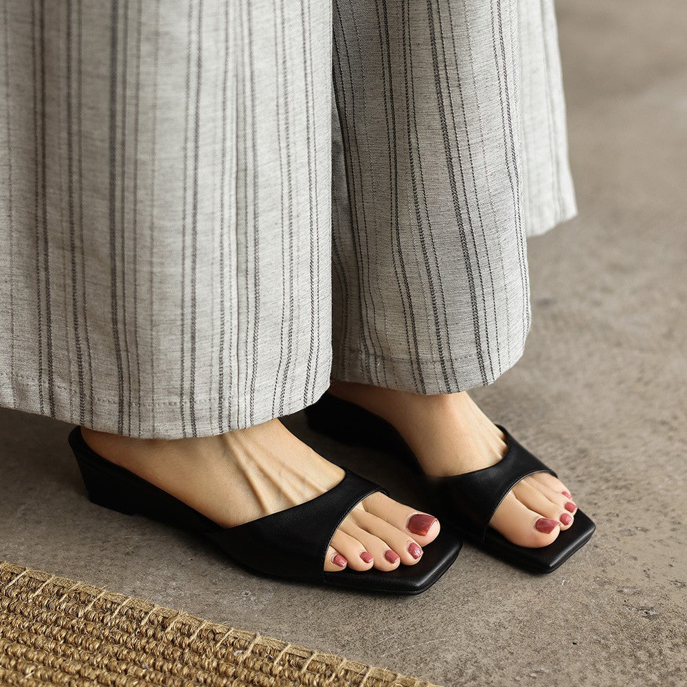 Women's Square-Toe Leather Wedge Mules