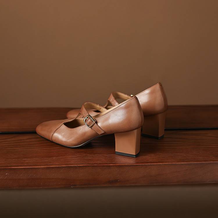 Women's Square-Toe Leather Mary-Jane Heels