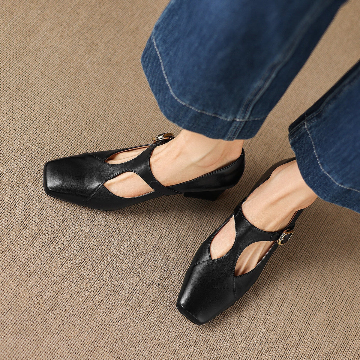 Women's Square-Toe Leather Mary-Jane Heels