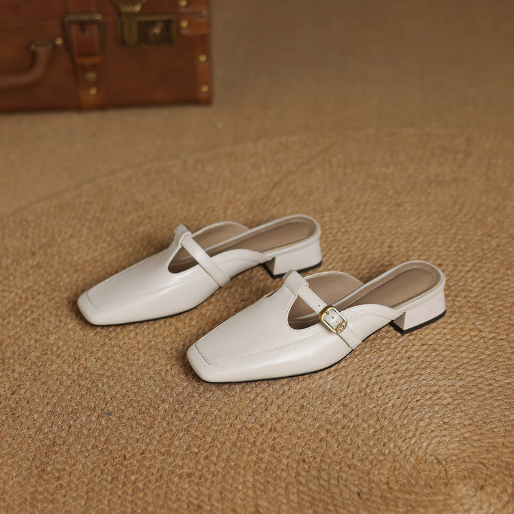 Women's T-Strap Leather Mules