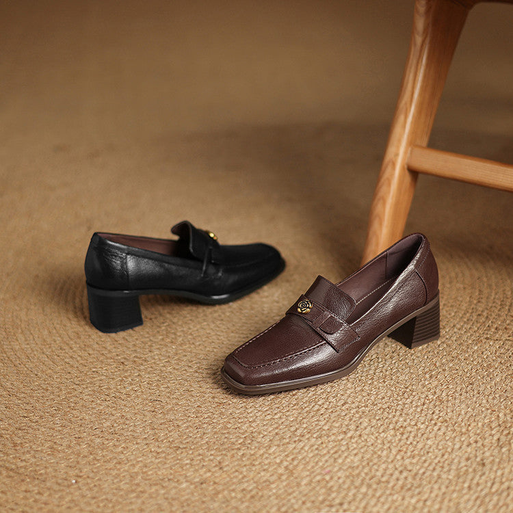 Women's Square-Toe Leather Loafer Pumps