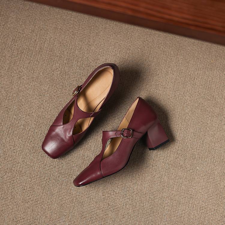 Women's Square-Toe Leather Mary-Jane Heels