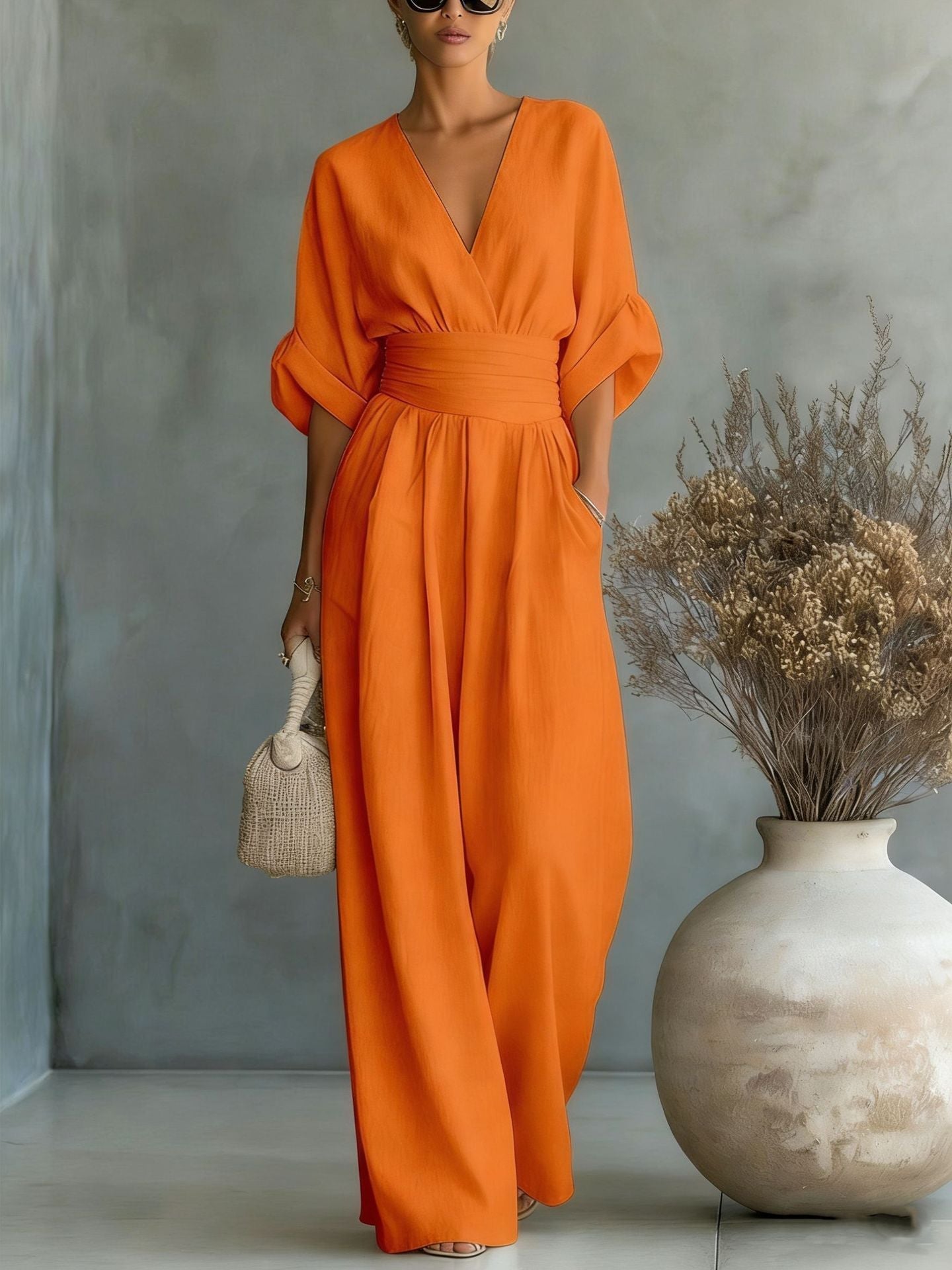 Mirabel™ | V-Neck Wide-Leg Jumpsuit with Wrap Waist and Flowy Sleeves