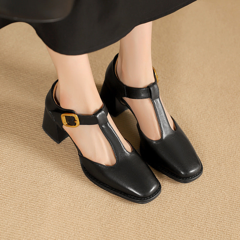 Women's T-Strap Leather Pumps