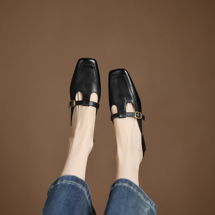 Women's T-Strap Leather Mules