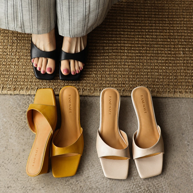 Women's Square-Toe Leather Wedge Mules