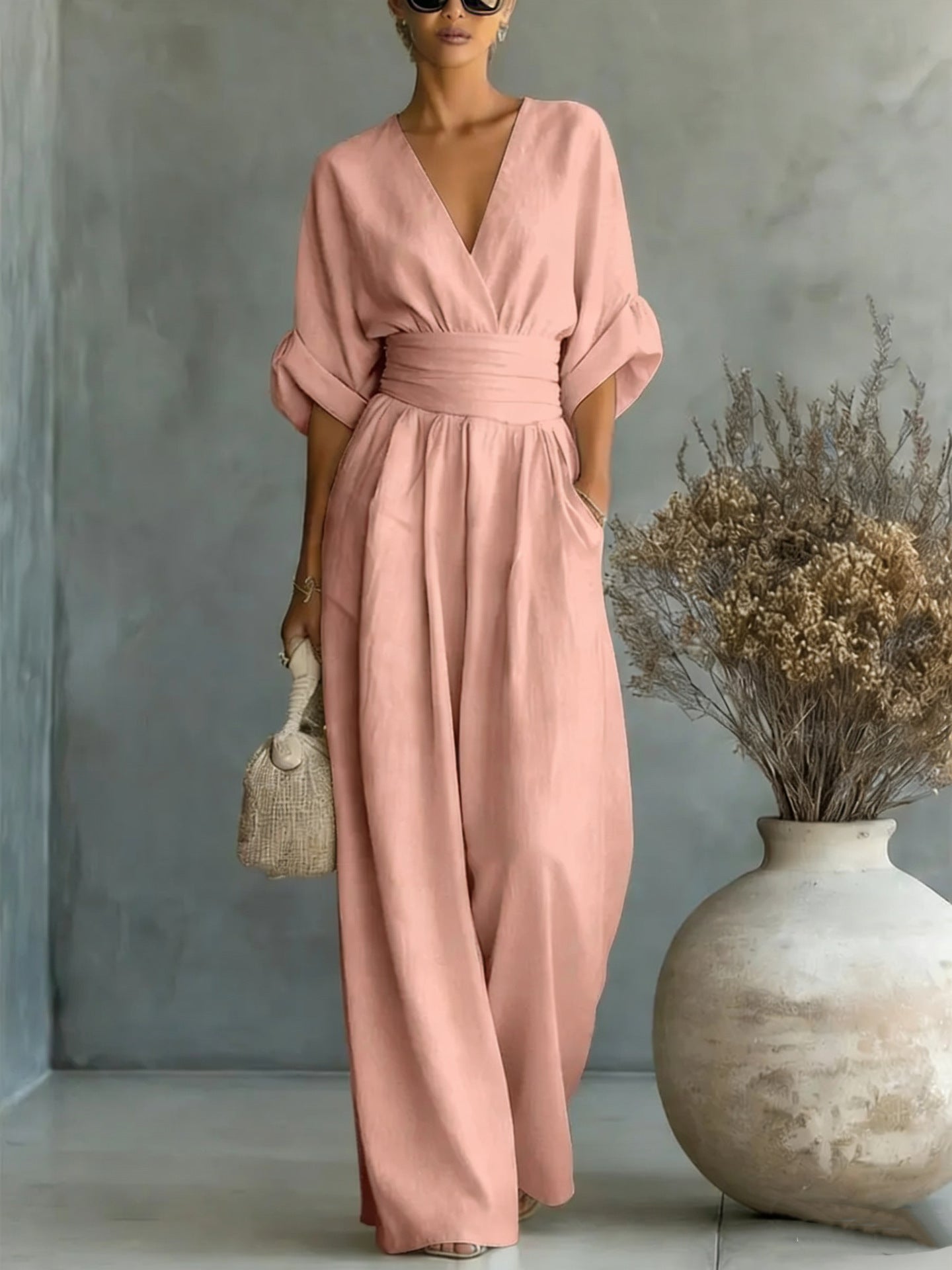 Mirabel™ | V-Neck Wide-Leg Jumpsuit with Wrap Waist and Flowy Sleeves