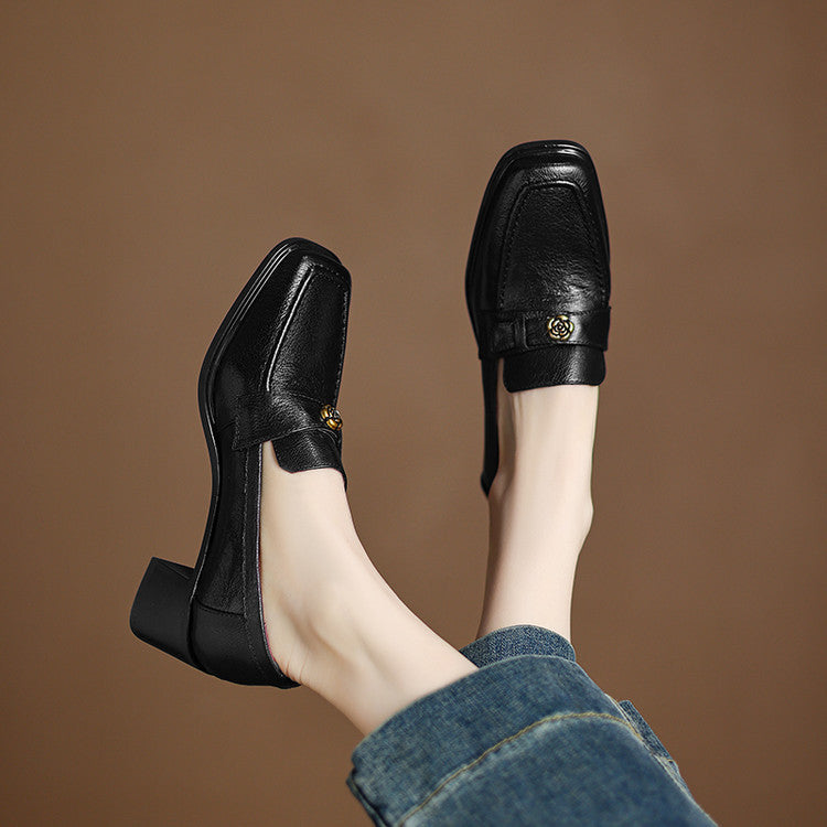 Women's Square-Toe Leather Loafer Pumps