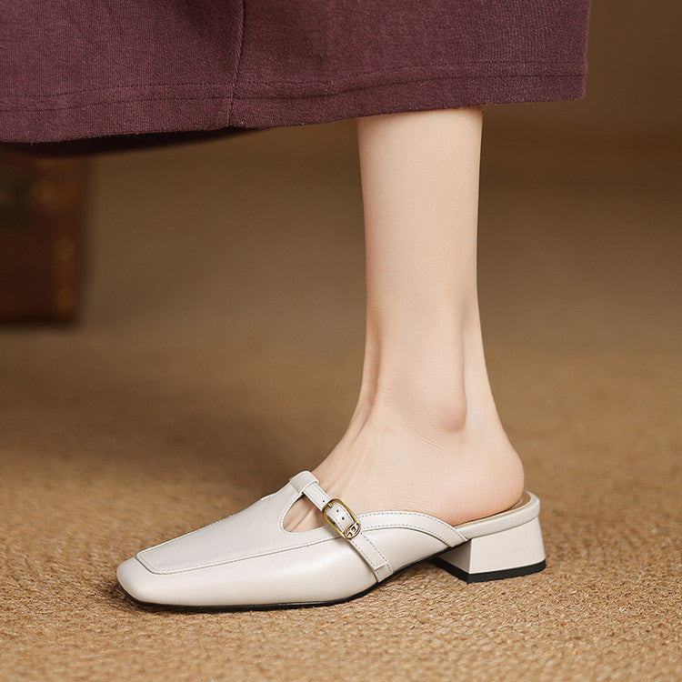 Women's T-Strap Leather Mules
