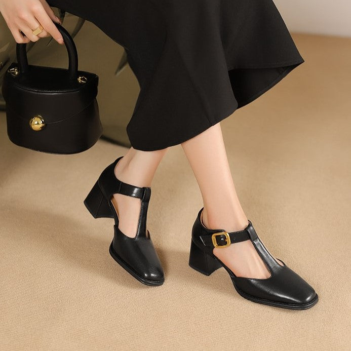 Women's T-Strap Leather Pumps