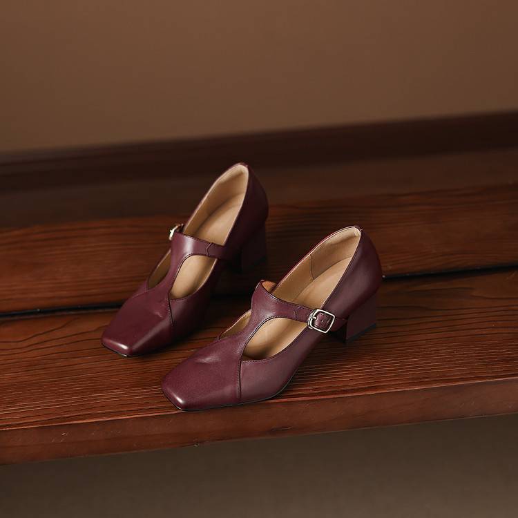 Women's Square-Toe Leather Mary-Jane Heels